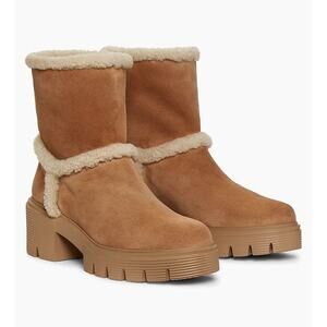 Stuart Weitzman Lenox suede shearling Trimmed booties Chunky Heel Sz 7.5 Camel